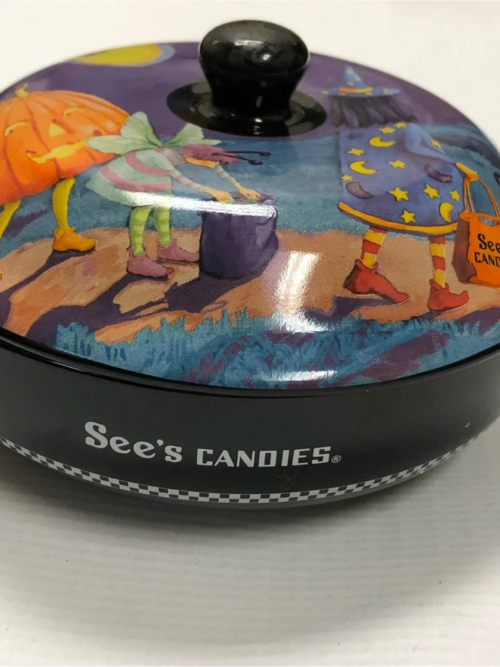 Witch Black Cat Trick or Treat Halloween Candy Dish with Lid Pumpkin
